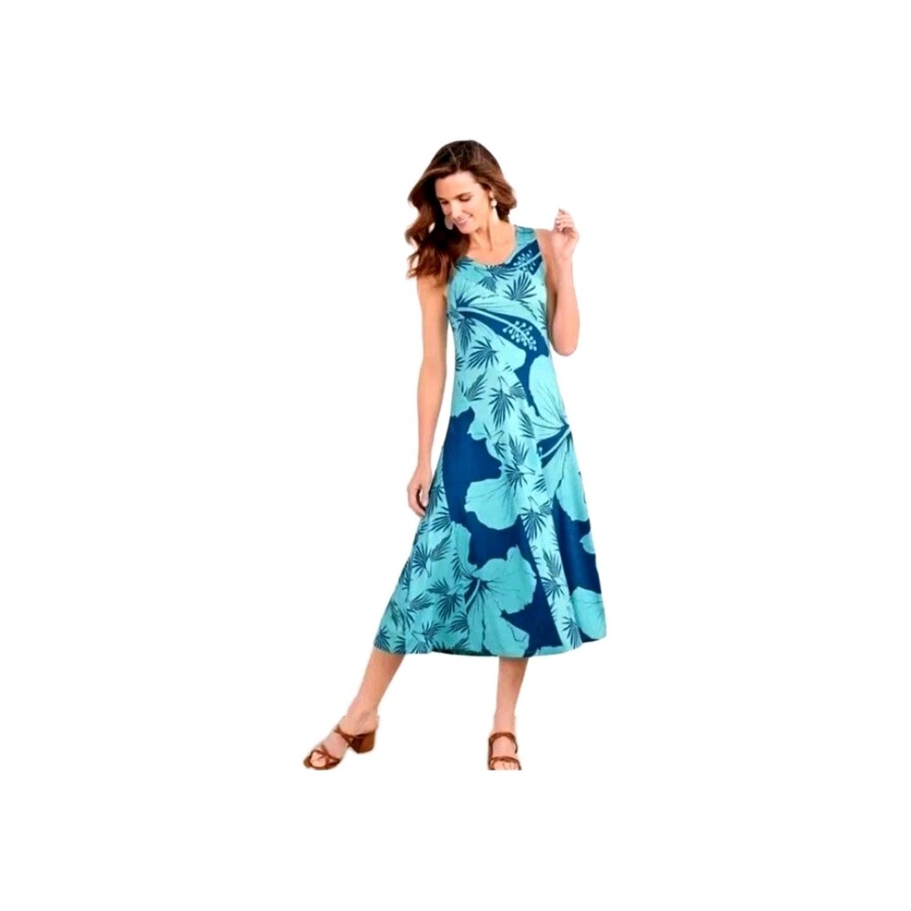 Soft Surroundings Hanini Tropicana Beach Blue Floral Maxi Dress Sleeveless Mā